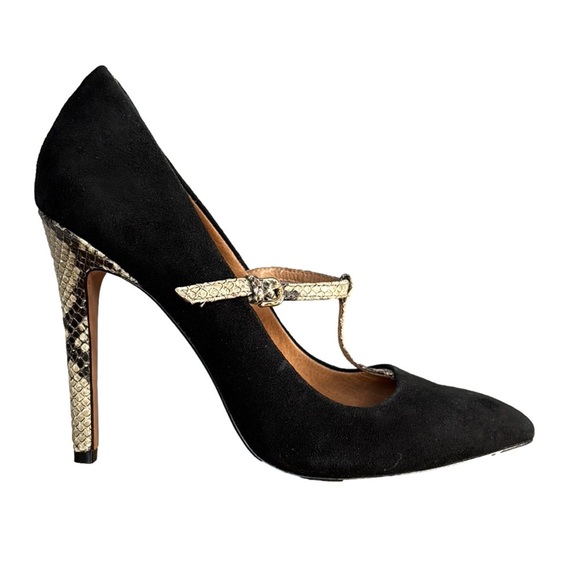 Coach Shoes - Coach Fulton Black Suede Snakeskin T-Strap Pointed Toe Stiletto Heels size 8.5